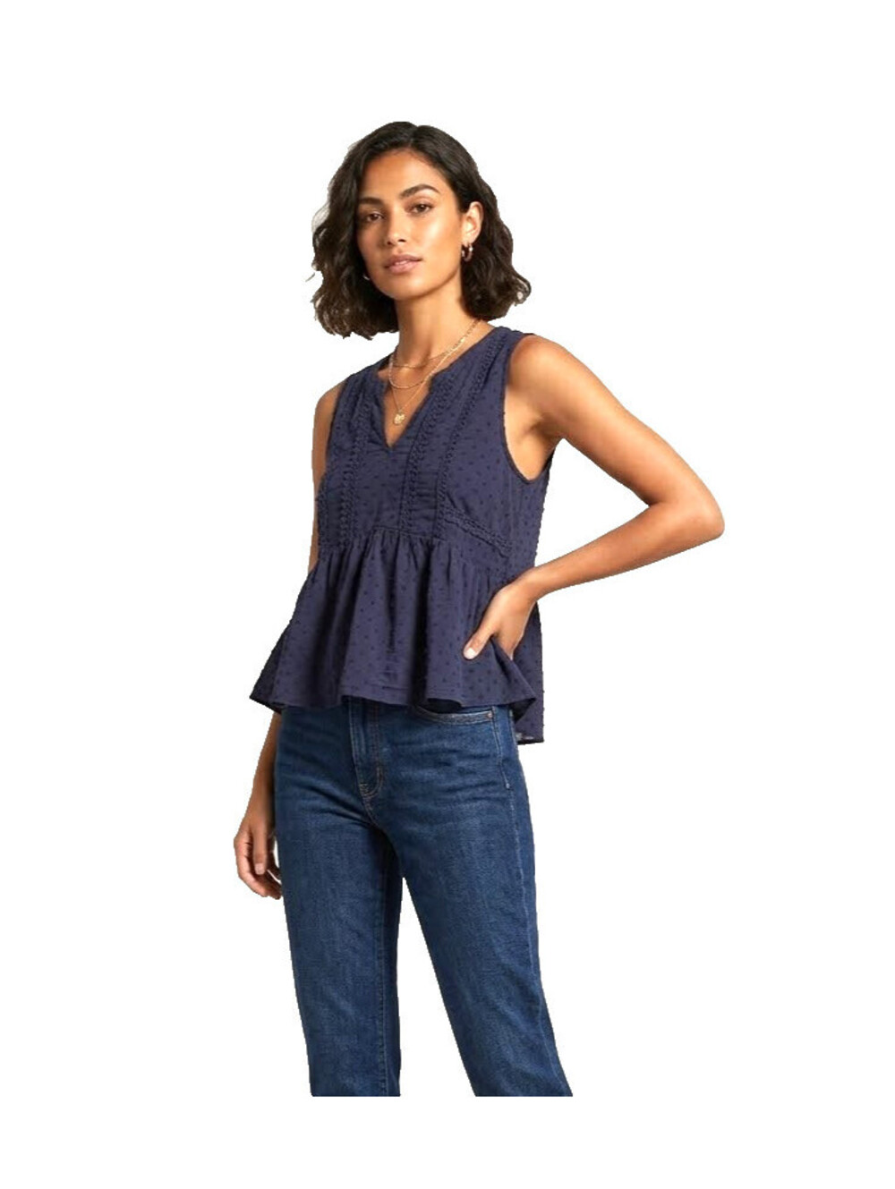 Merona Women's Sleeveless Embroidered Dot Top XS Navy Blue V-Neck Rayon